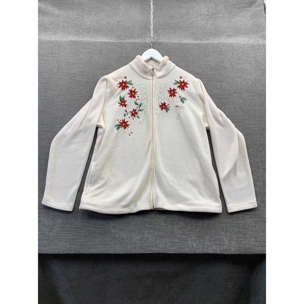 Basic Editions Fleece Jacket Womens XL Cream Embroidered Floral Cozy Full Zip